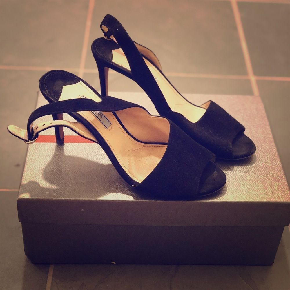 Prada Timeless Black Suede Open Toe Heels 7.5